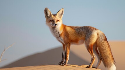 Fototapeta premium Majestic Desert Fox on Sandy Dune Under Clear Blue Sky - Wildlife and Nature Photography