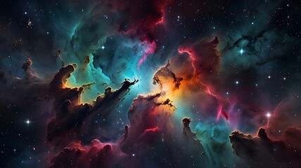A multicolored nebula with twinkling stars, capturing the ethereal and colorful beauty of distant galaxies background wallpaper
