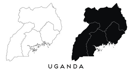 Uganda map of regions districts vector black on white and outline