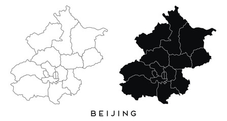Beijing map of regions districts vector black on white and outline