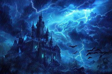 A dark, ominous castle with bats flying around, set against a stormy night sky with lightning