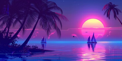 Obraz premium Vaporwave neon palm with sun and tropical beach. Holographic retro cyberpunk paradise. Exotic poster. Violet pink miami ocean, summer and 80s glow sky