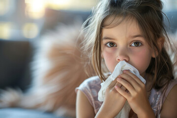 Little girl with runny nose blowing her nose with tissue paper