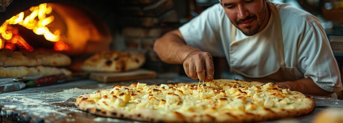 A skilled baker carefully prepares a Khachapuri, a traditional Georgian cheese bread, in a brick oven