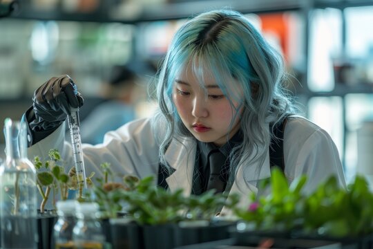 Schoolgirl Conducting Biology Experiment with Plant Samples in School Laboratory Setting