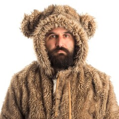 Medium shot of man in a hat with earflaps and a fur coat, frame by torso, isolated on a white background,  