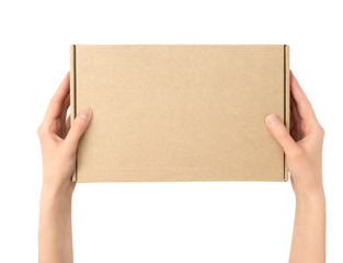 female hands holding cardboard box on white isolated background, top view