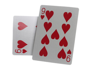 Flying playing card for poker and gambling, six and nine heart isolated on white, clipping path