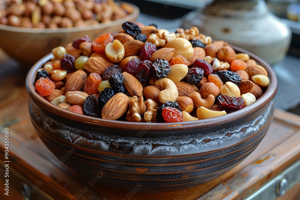 Poster a colorful bowl of mixed nuts and dried fruits displayed on rustic table