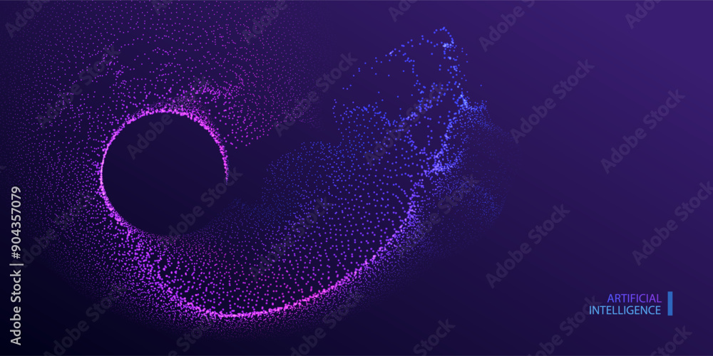 Poster big data neon background. technology ai round particles dots banner. artificial intelligence futuris