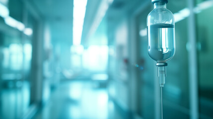 Close-up of a medical IV drip in a hospital setting, showing details of the dropper and flexible tubing that delivers the fluid to the patient.