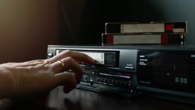 Loading a video cassette into a VCR.