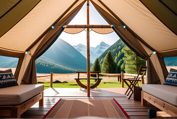 Fototapeta premium view inside cozy glamping tent shows comfortable outdoor recreation high service standards environmental care