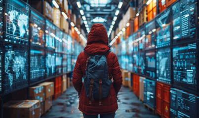 Warehouse Worker Conducting Inventory Walkthrough Amid Digitalization, Analyzing Goods and Delivery Data on Screens in a Modern Logistics Distribution Center