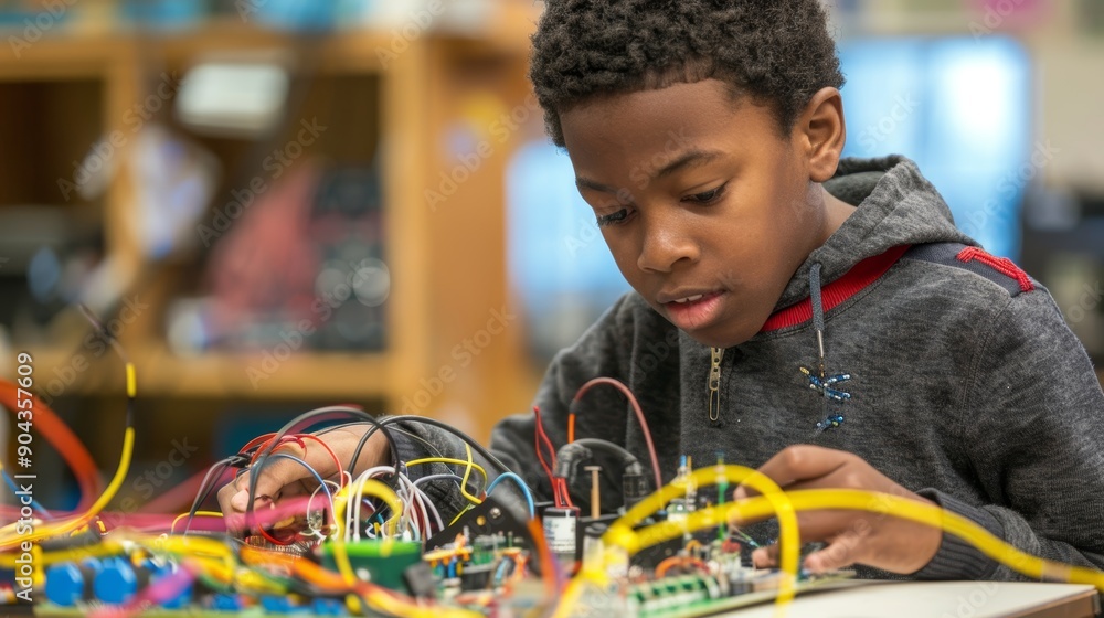 Poster curious schoolboy engaging in hands-on science experiment building a circuit board
