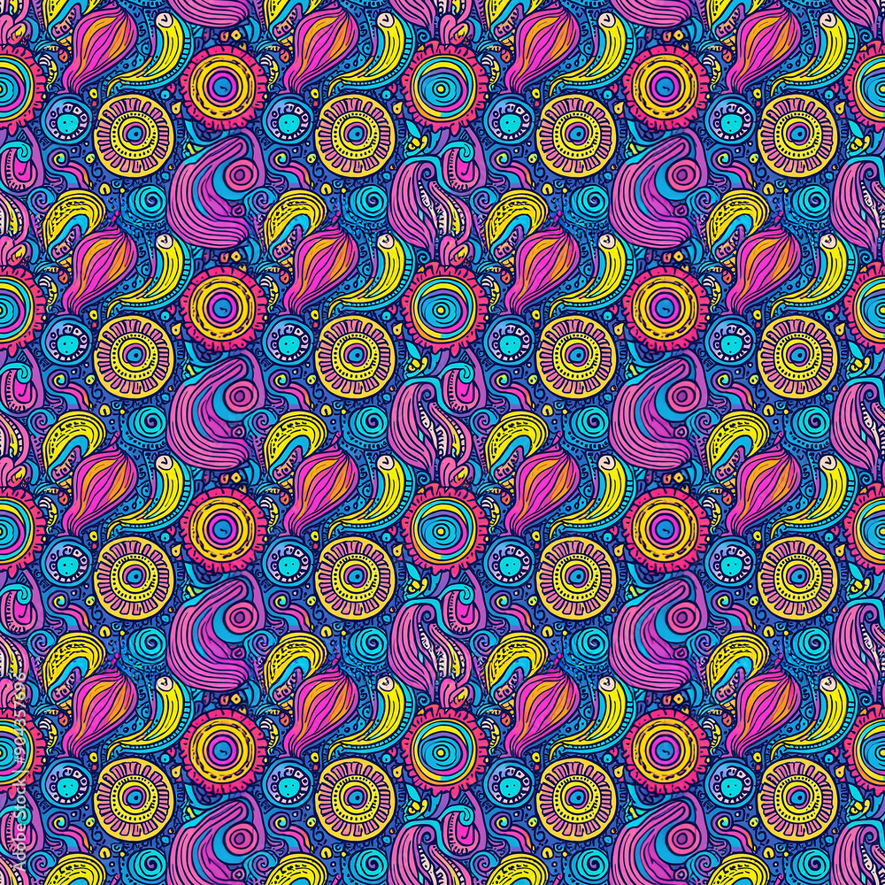 Poster vibrant multicolored abstract pattern with swirls and circular designs