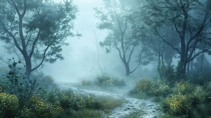 Obraz premium Misty morning in a tranquil forest with a winding path, evoking a sense of mystery and peace