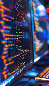 Close-up of Developers Coding with Python, JavaScript, and Java on Computer Screens - Tech Workstation