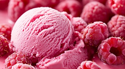 Raspberries next to a scoop of raspberry flavored ice cream, emphasizing the contrast between the fuzzy skin and the smooth ice cream