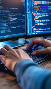 Close-Up of Hands Typing Code on Keyboard with Python and JavaScript on Monitor