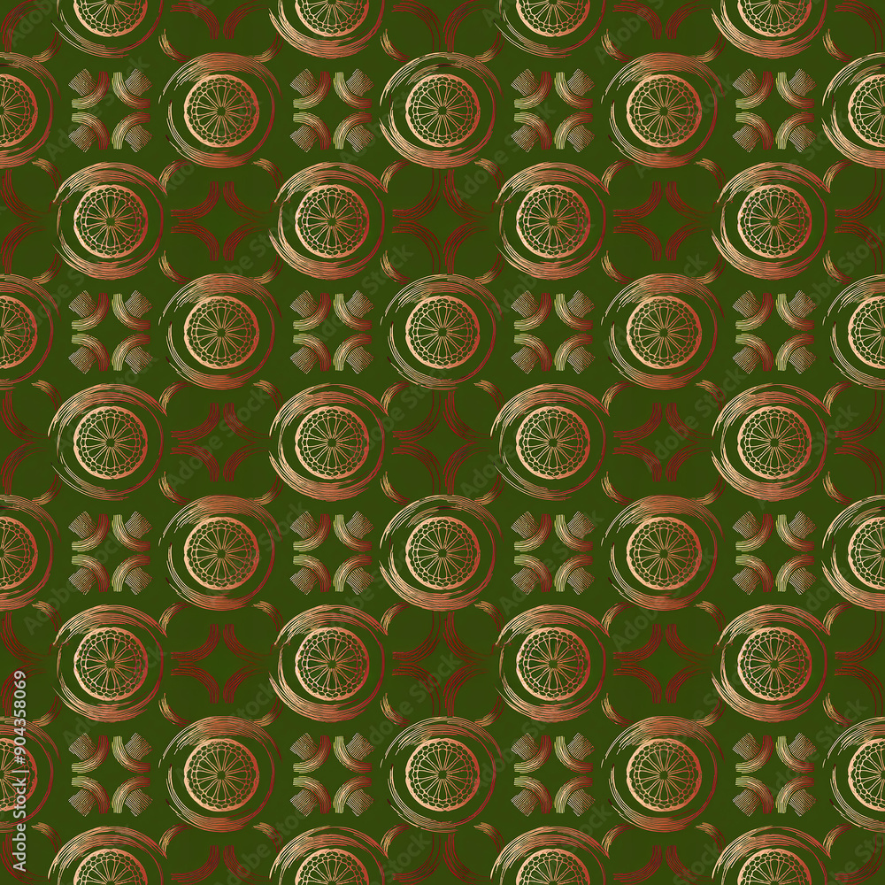 Poster intricate geometric pattern with circular motifs on dark green background