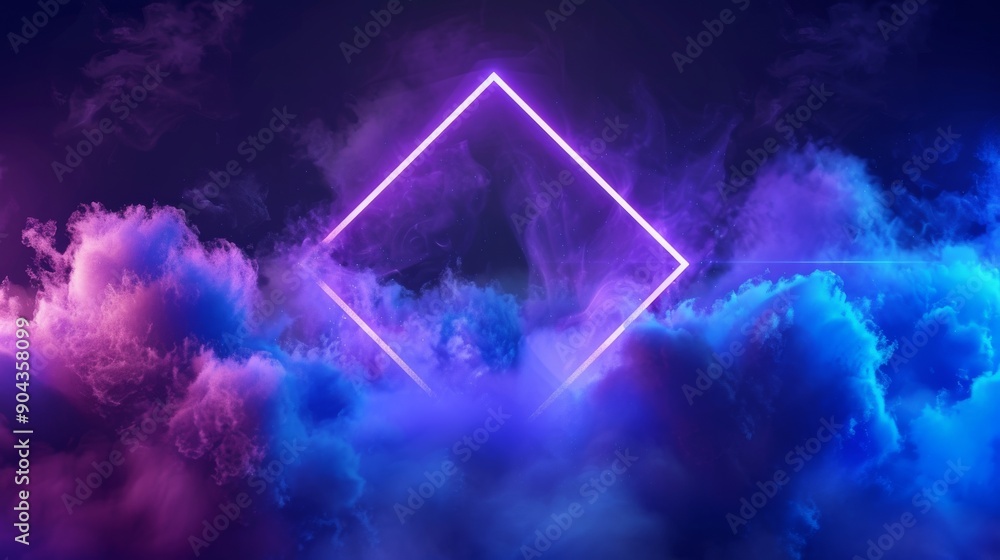 Poster the rendering is in 3d with neon geometric shapes and stormy clouds on the night sky. the frame is a