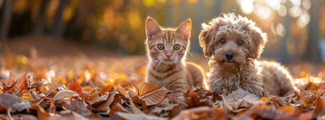 A dog and cat sitting together in autumn leaves, enjoying the warm sunlight in a serene outdoor setting
