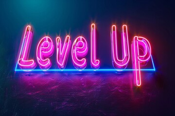 Neon Sign of 'Level Up' Illuminating a Dark Background with Vibrant Pink and Blue Colors