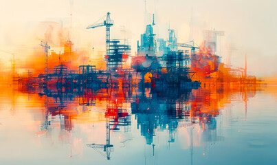 Naklejka premium Dynamic Double Exposure Construction Site with Cranes and Workers in Blue and Orange Hues Conveying Progress and Growth at Sunrise