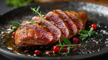 Crispy roasted duck breast garnished with herbs and berries on a dark plate