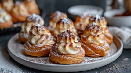 Delicious profiteroles served on a white plate in a cozy café setting