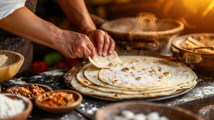 Close-up of hands preparing and stacking freshly made flatbreads in a rustic kitchen with bowls of ingredients around.