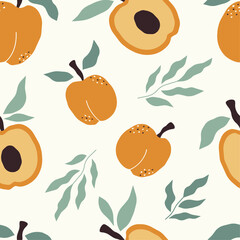 Seamless pattern with apricots, branches with leaves and half an apricot.