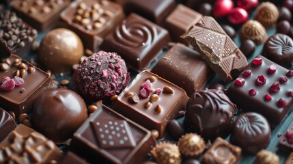 Assorted chocolate candies displayed on a rustic wooden surface