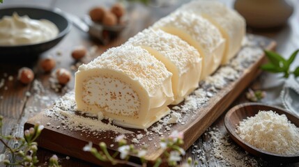 Cream cheese covered iburigakko presented on rustic wooden platter with garnishes