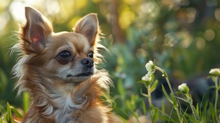 Long-haired chihuahua enjoying time in the backyard during a sunny afternoon