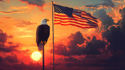 american flag on sunset