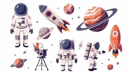 Space walk, educational space elements, flat design illustration, adventurous, isolated on white background
