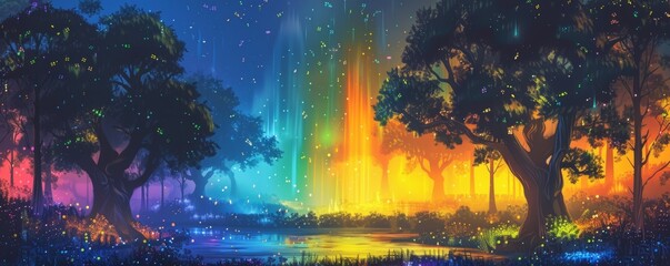 Fototapeta premium A landscape with a magical night, a fairy-tale forest as a background or wallpaper. Digital art or AI artwork.