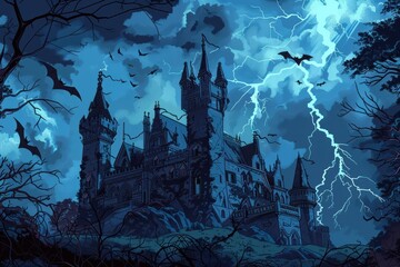 Fototapeta premium A dark, ominous castle with bats flying around, set against a stormy night sky with lightning