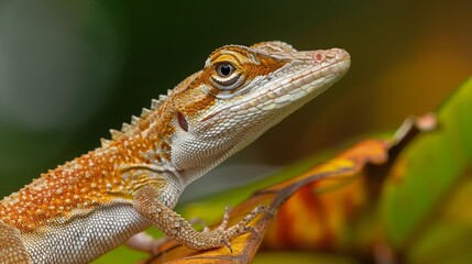 Obraz premium Wild brown anole lizard perched on leaf in lush tropical environment