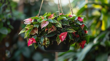 Enchanting hanging acalypha plant with red blooms in a lush garden setting