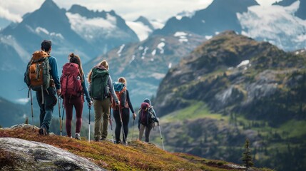 A group of friends hiking along a ridge line with breathtaking views