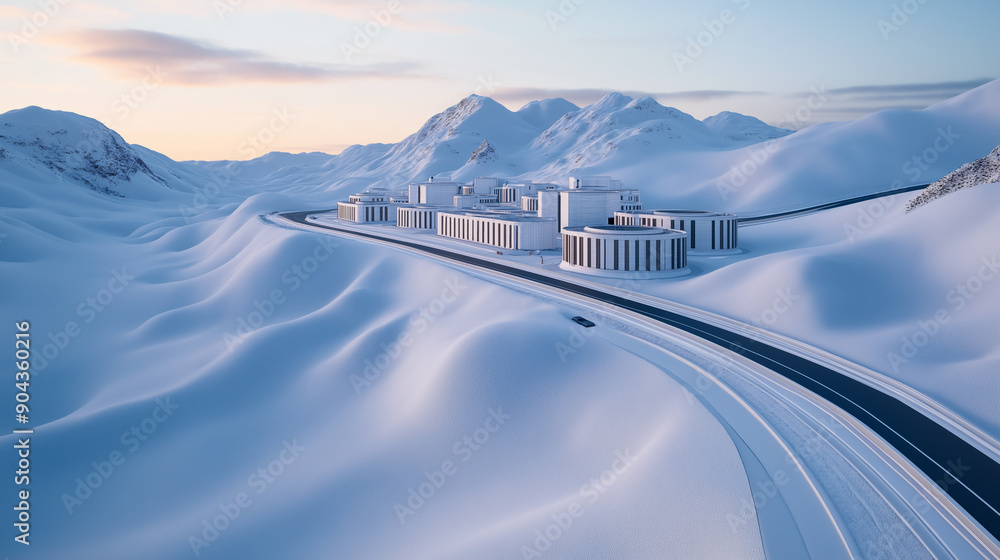 Poster aerial view of a large crypto mining facility in a remote, snowy landscape with high-tech infrastruc