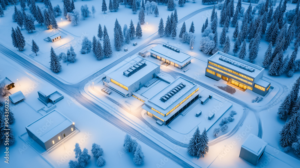 Poster aerial view of a large crypto mining facility in a remote, snowy landscape with high-tech infrastruc