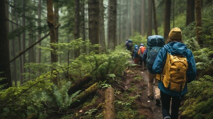 Fototapeta premium A group of hikers trekking through a dense forest