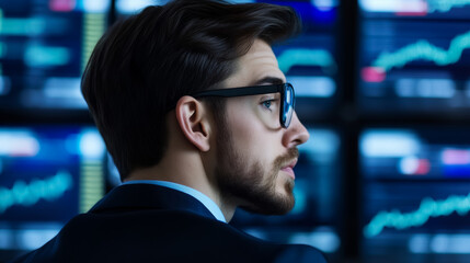 Businessperson analyzing Dollar cryptocurrency market trends on multiple digital screens 