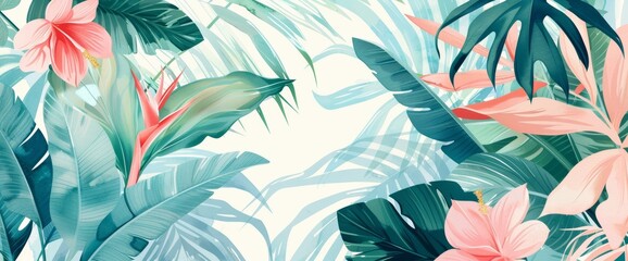 Tropical plants banner with abstract luxury art background in watercolor style dotted with golden line elements. Use for wallpaper, decor, prints, textiles, and textiles in textile design.