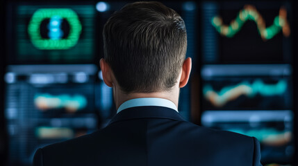 Businessperson analyzing Ruble cryptocurrency market trends on multiple digital screens 