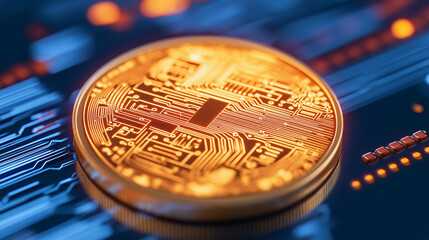 Closeup of a glowing digital Euro coin with intricate circuit patterns, symbolizing innovation 